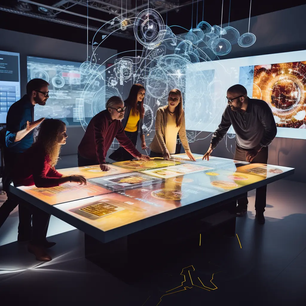 Ein heller, moderner Raum, in dem eine Gruppe von Designern und Content-Erstellern an einem großen, interaktiven Touchscreen-Tisch arbeitet.