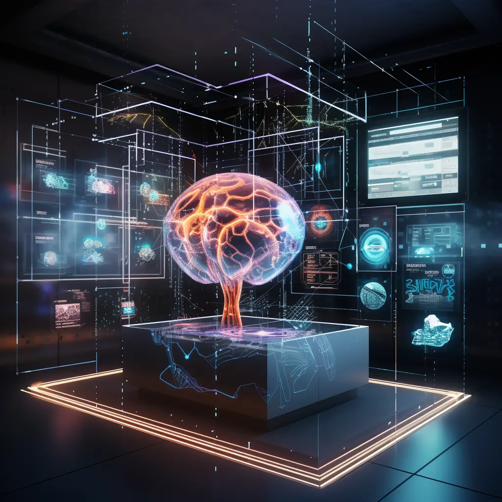 Ein futuristischer digitaler Raum, beleuchtet von schimmernden Hologrammen. Einige Hologramme zeigen dynamische Grafiken mit Datenströmen und Algorithmenprozessen. Ein 3D-Modell eines menschlichen Gehirns, das von elektrischen Impulsen durchzogen ist, schwebt im Zentrum, symbolisch für KI und maschinelles Lernen.