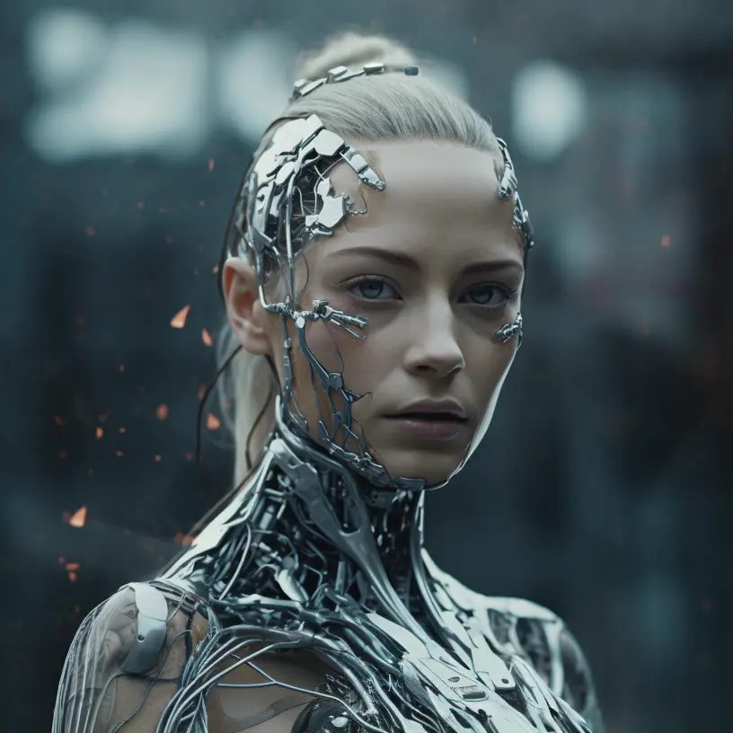 Humanoid person transforming into an AI Humanoid